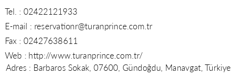 Sentido Turan Prince Hotel telefon numaralar, faks, e-mail, posta adresi ve iletiim bilgileri